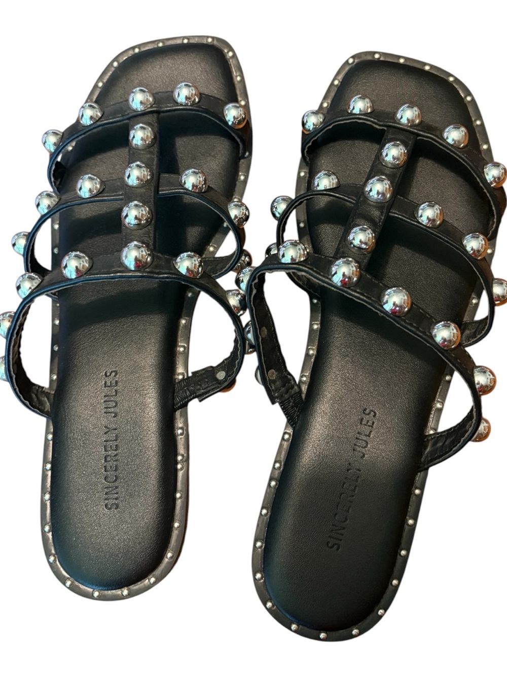 Sincerly Jules Black Strappy Slide Sandals with Silver Studs